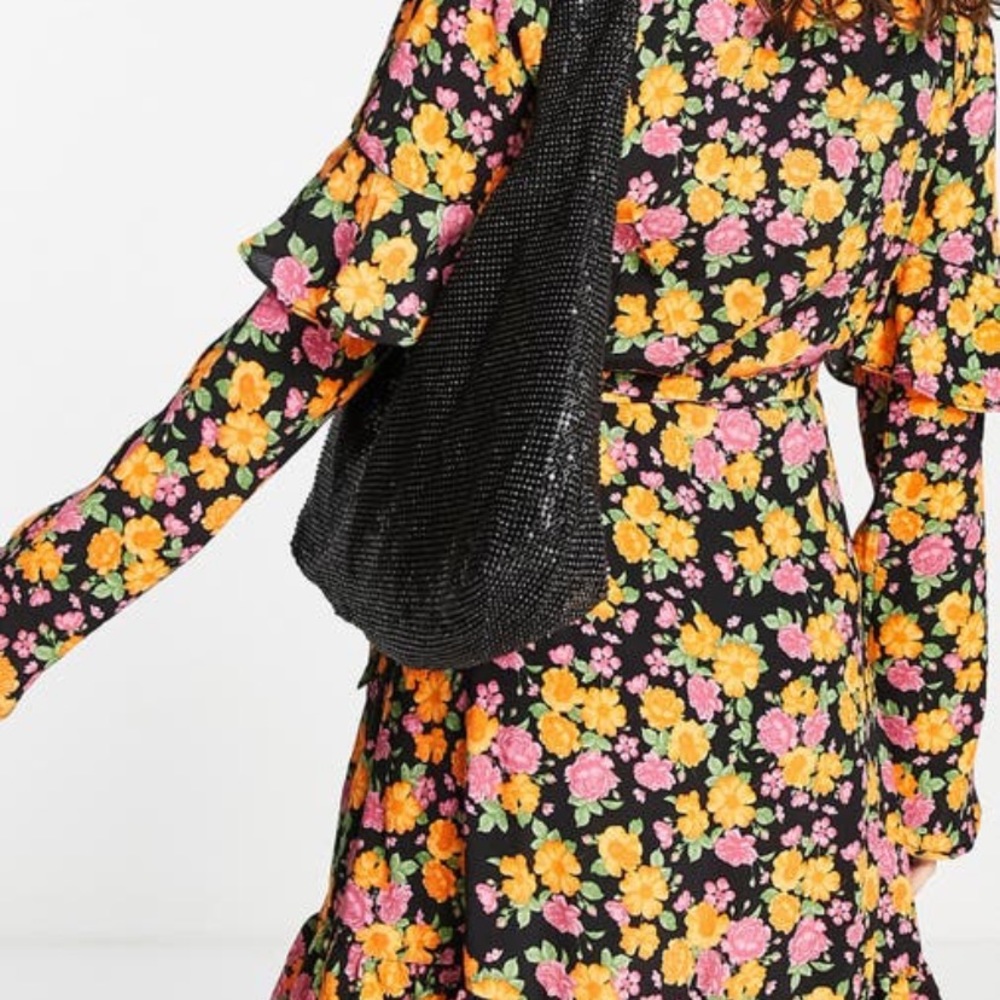 New Black & Orange Floral Ruffled TopShop Wrap Dress Long Sleeve 6 Spring Fall - Picture 9 of 10